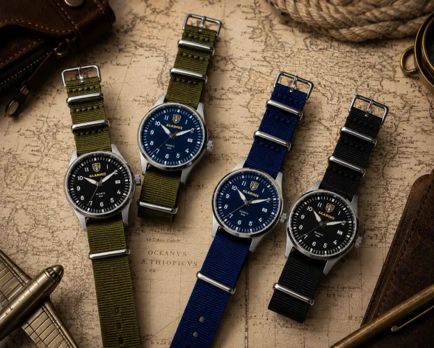 Gladiuz Pilot's Watch: luminescent hands and dial, shock resistance NIHS 91-10, case thickness 9mm, strap material nylon