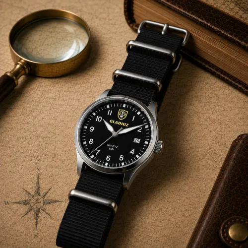 Gladiuz Pilot's Watch: stainless steel case and dial, accuracy ±15s per month, case thickness 9mm, strap material nylon