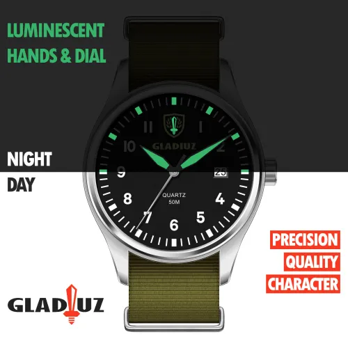 Gladiuz Pilot's Watch: date display, accuracy ±15s per month, dial diameter 34.5mm, strap model NATO